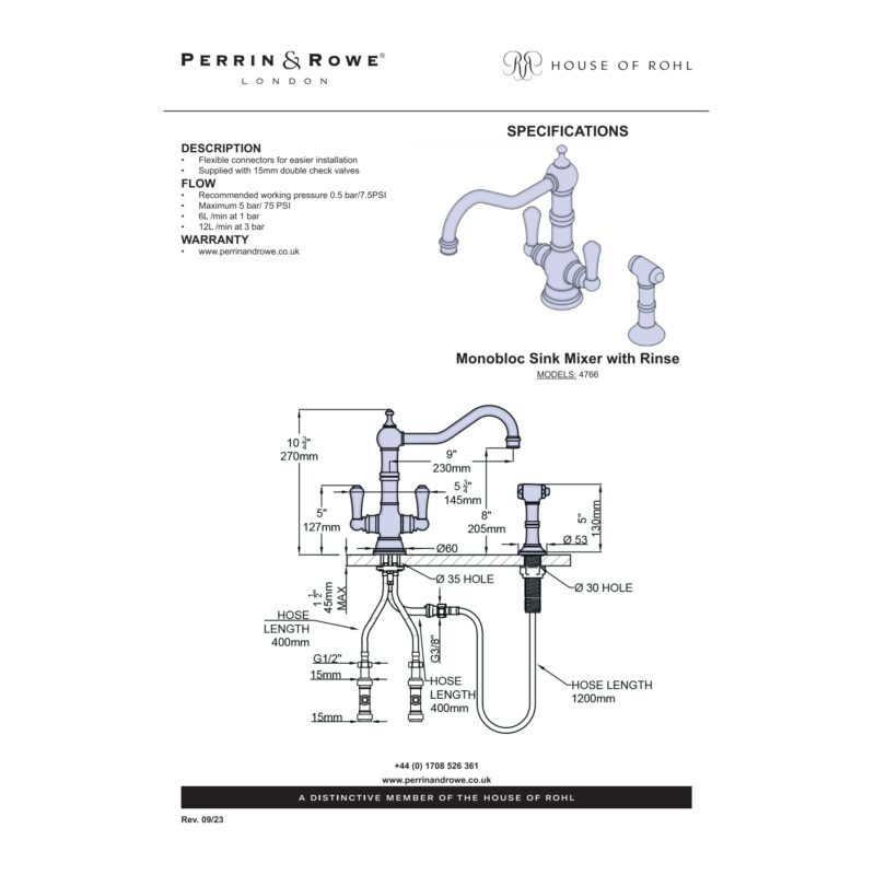Perrin & Rowe Provence Twin Lever Mono Sink Mixer with Rinse Gold
