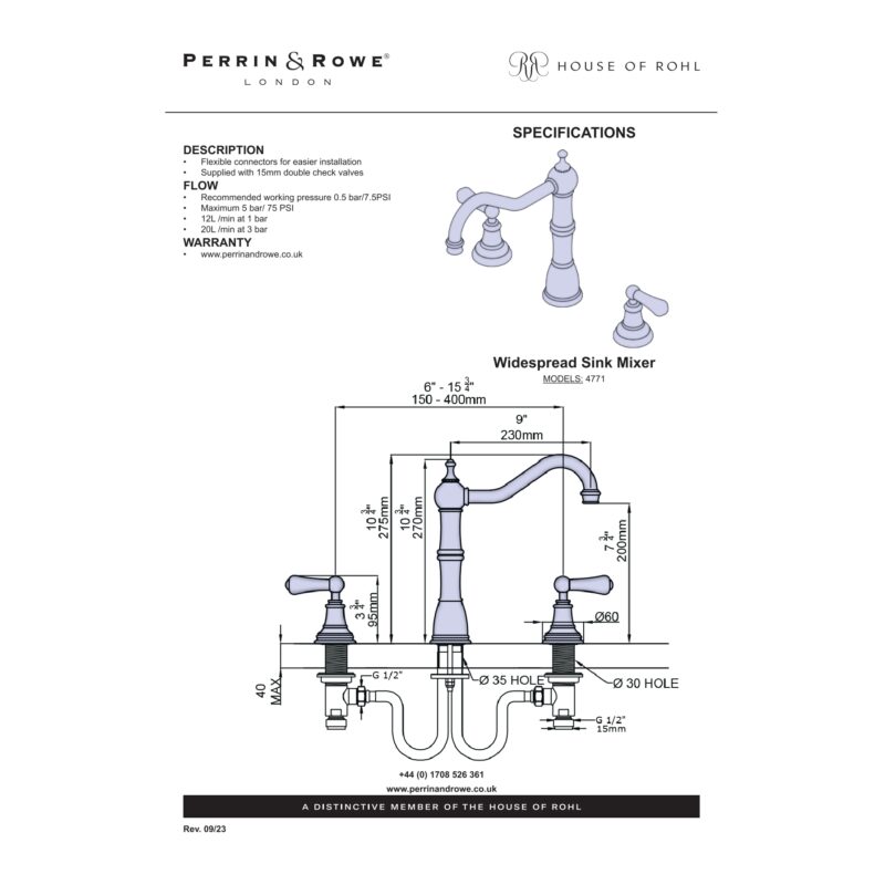 Perrin & Rowe Provence 3 Hole Sink Mixer Tap with Levers Gold