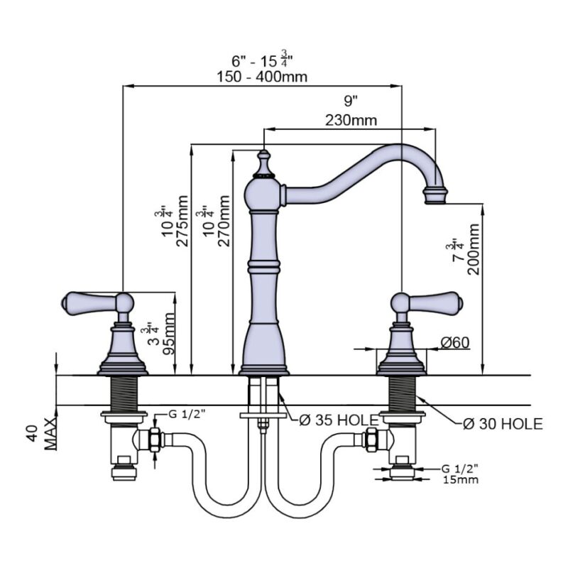 Perrin & Rowe Provence 3 Hole Sink Mixer with Lever Handles Pewter