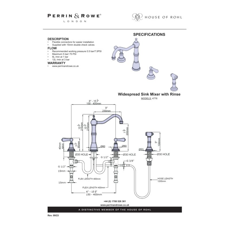 Perrin & Rowe Provence 3 Hole Sink Mixer Tap with Rinse Gold