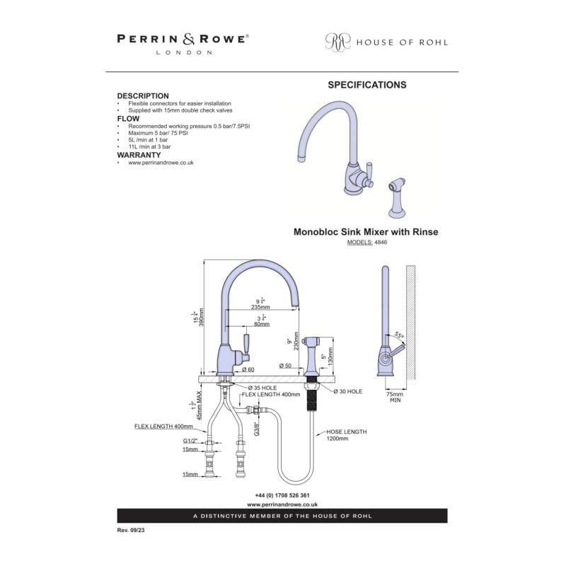 Perrin & Rowe Langbourn Mono Sink Mixer with Rinse Chrome