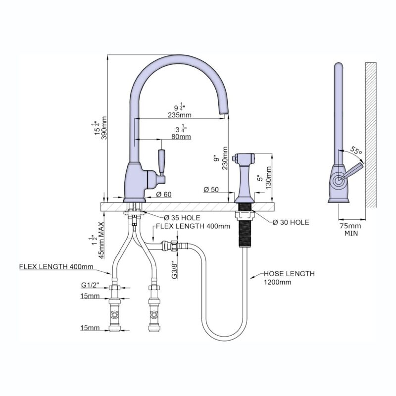 Perrin & Rowe Langbourn Sink Mixer with Rinse Pewter