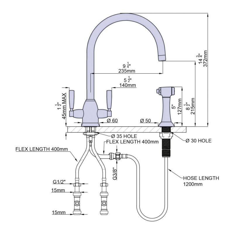 Perrin & Rowe Langbourn Sink Mixer with C-Spout & Rinse