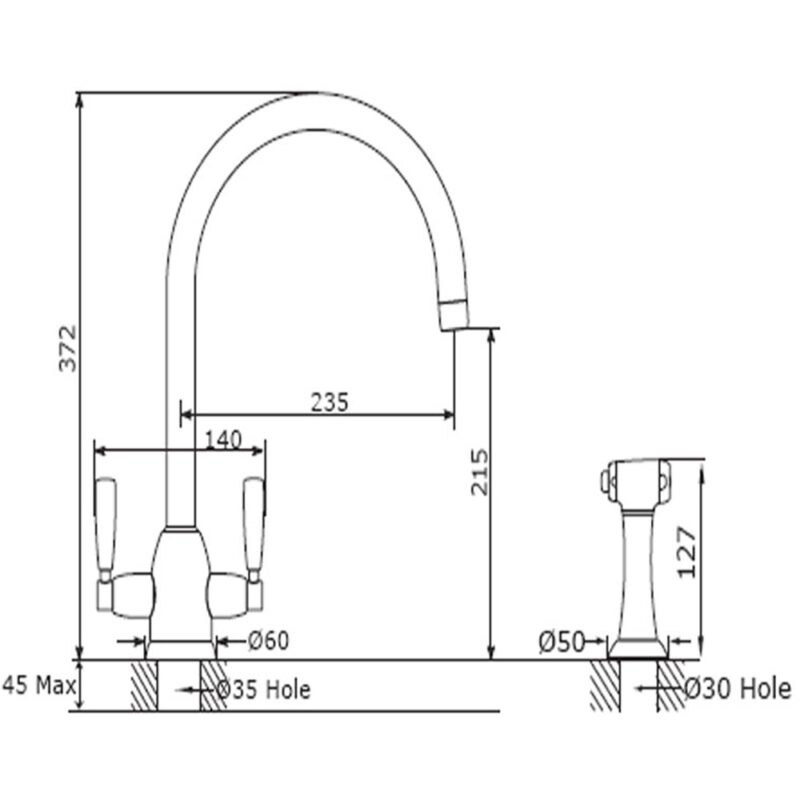 Perrin & Rowe Oberon C Spout Kitchen Sink Mixer with Rinse Nickel