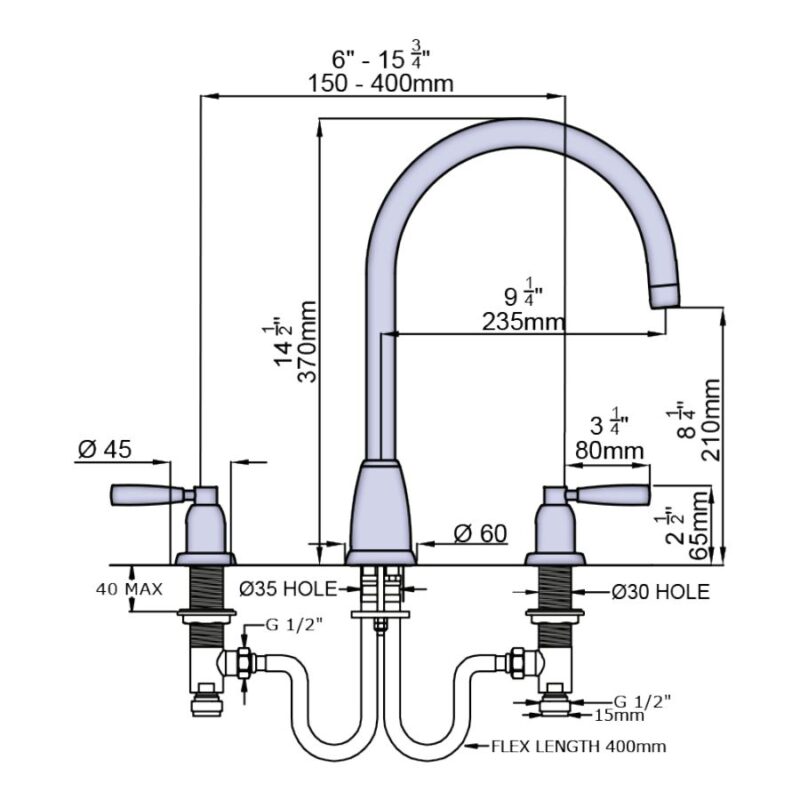 Perrin & Rowe Langbourn 3 Hole Sink Mixer with Levers Nickel