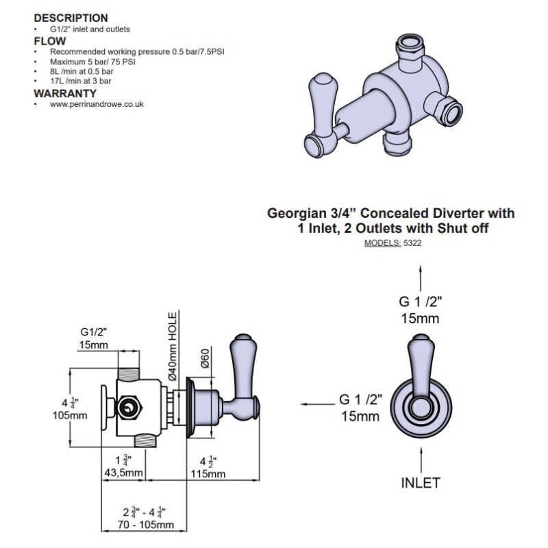 Perrin & Rowe Georgian 3 Way Diverter with Lever Handle & Shut-Off Pewter