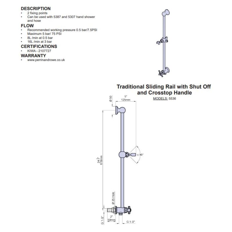 Perrin & Rowe Traditional Sliding Rail with Shut Off (Crosstop) Chrome