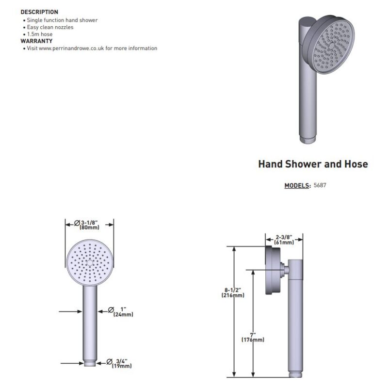 Perrin & Rowe Armstrong Handshower & Hose Pewter