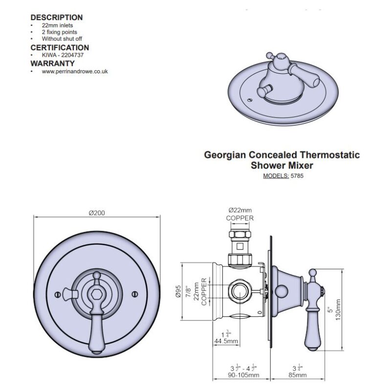 Perrin & Rowe Georgian Thermostatic Shower Mixer with Lever Handle Pewter