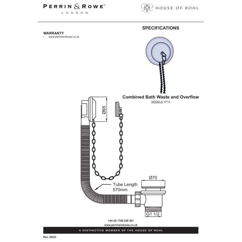 Perrin & Rowe Bath Waste & Overflow with Exposed Pipes Chrome