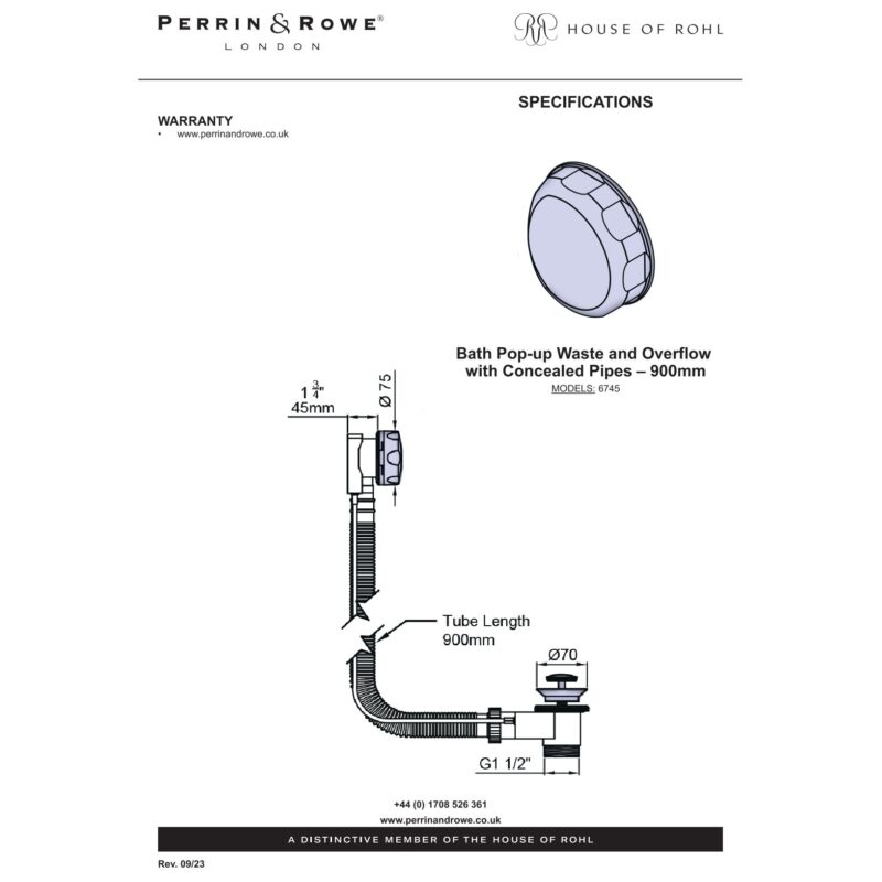 Perrin & Rowe Bath Pop-Up Waste with Concealed Pipes 900mm Chrome