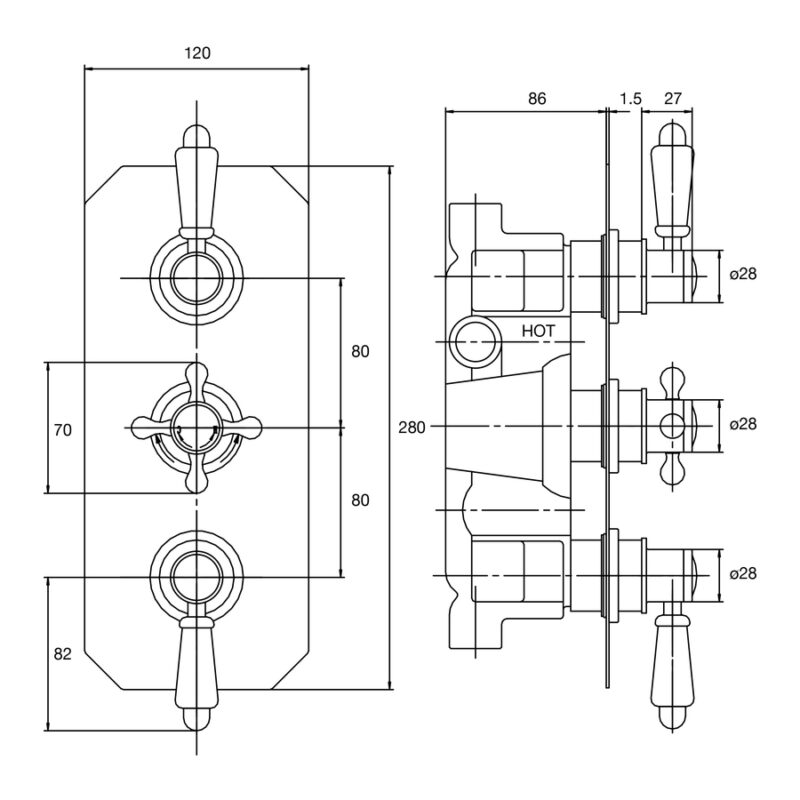 Nuie Victorian Triple Thermostatic Shower Valve