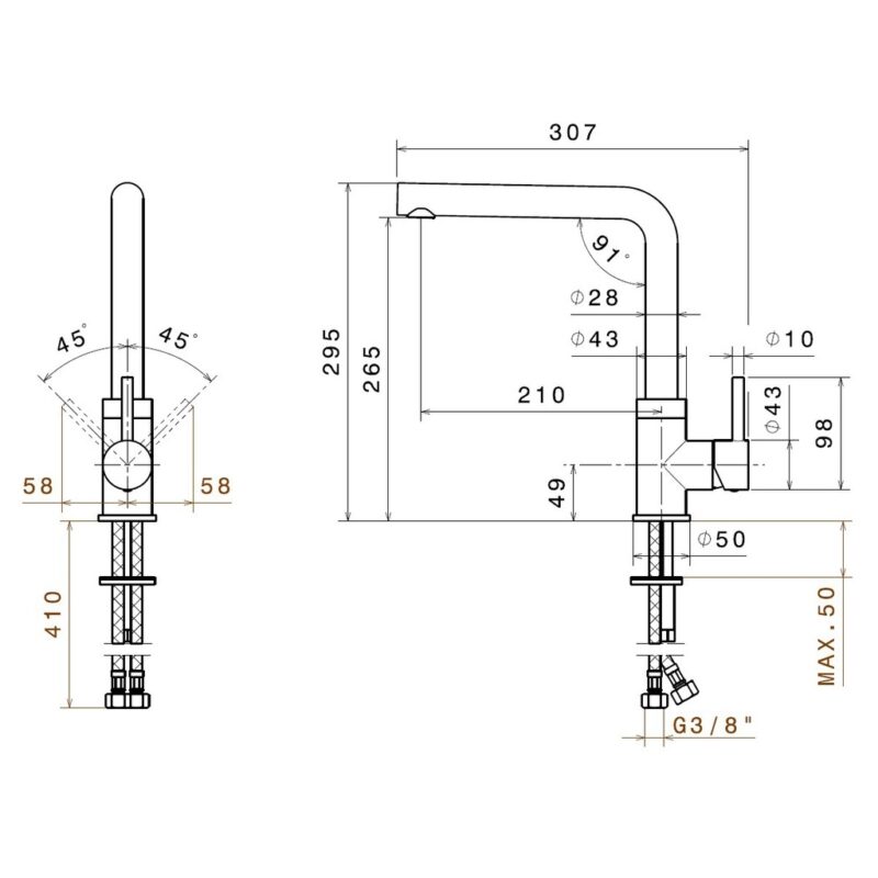 Prima+ Riace Single Lever L-Shaped Kitchen Mixer Tap Chrome