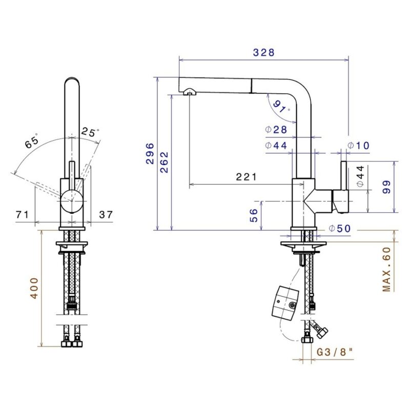 Prima+ Riace L-Shaped Kitchen Mixer Tap with Pull Out Chrome