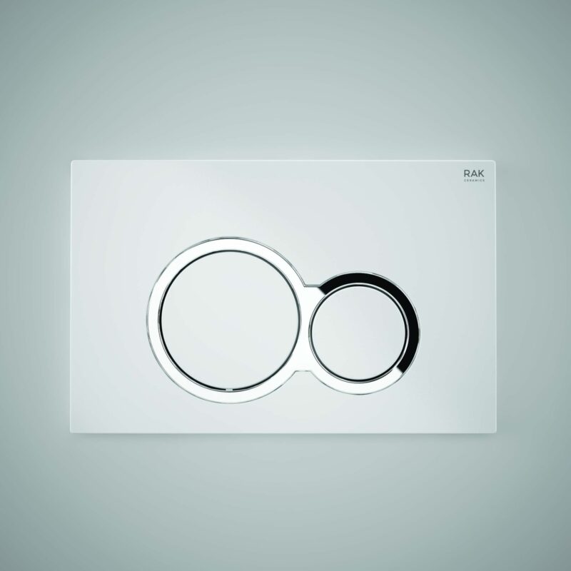 RAK White Flush Plate with Polished Chrome Round Push Buttons RAK White Flush Plate with Polished Chrome Round Push Buttons