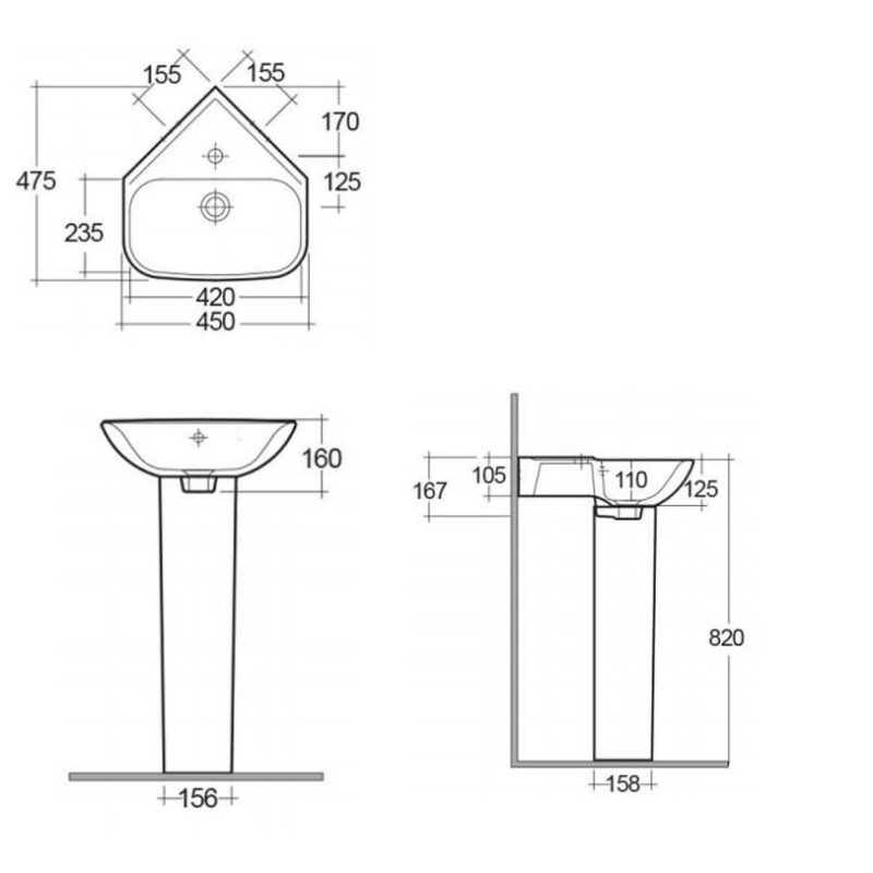 RAK Origin 62 450mm 1 Tap Hole Corner Basin & Full Pedestal