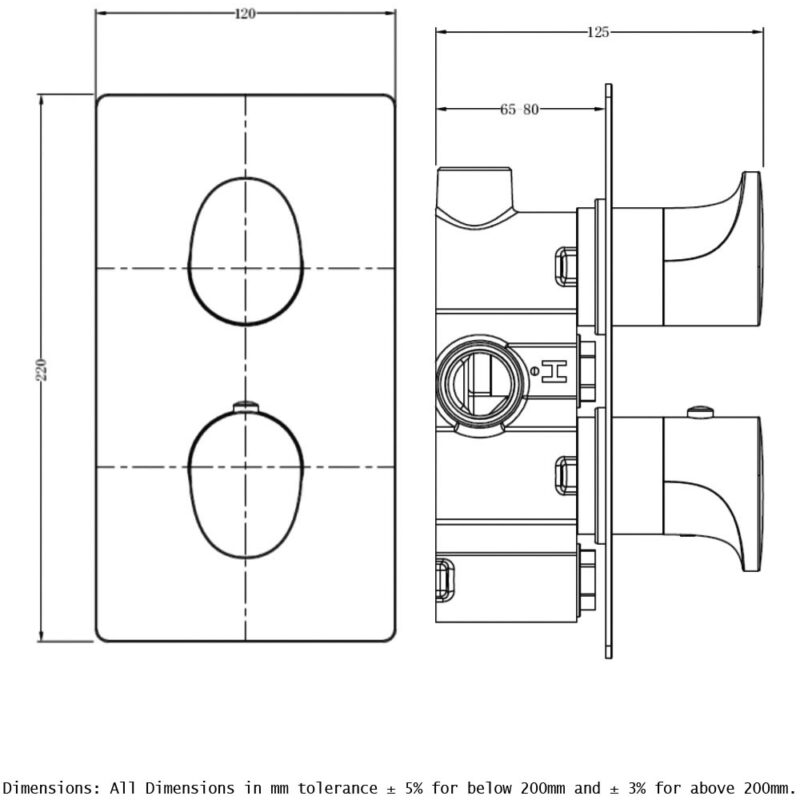 RAK Dual Outlet, 2 Handle Thermostatic Shower Valve Chrome