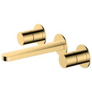 RAK Petit Round Wall Mounted 3 Hole Basin Mixer Brushed Gold