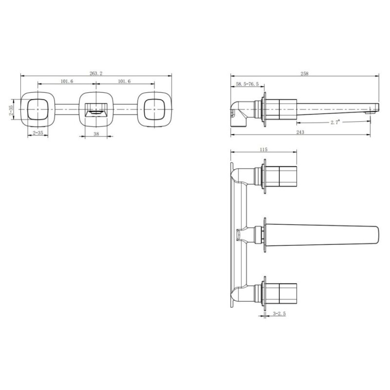 RAK Petit Square Wall Mounted 3 Hole Basin Mixer Chrome