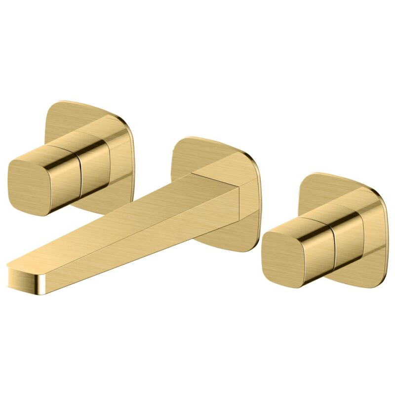 RAK Petit Square Wall Mounted 3 Hole Basin Mixer Brushed Gold