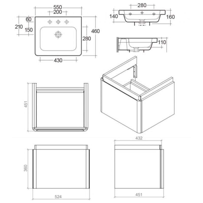 RAK Resort 55cm Single Drawer Basin Unit Matt Grey