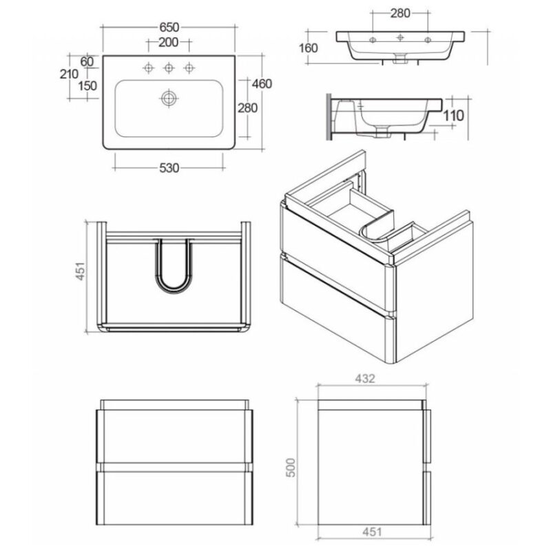 RAK Resort 2 Drawer 650mm Wall Vanity Unit & Basin Matt White