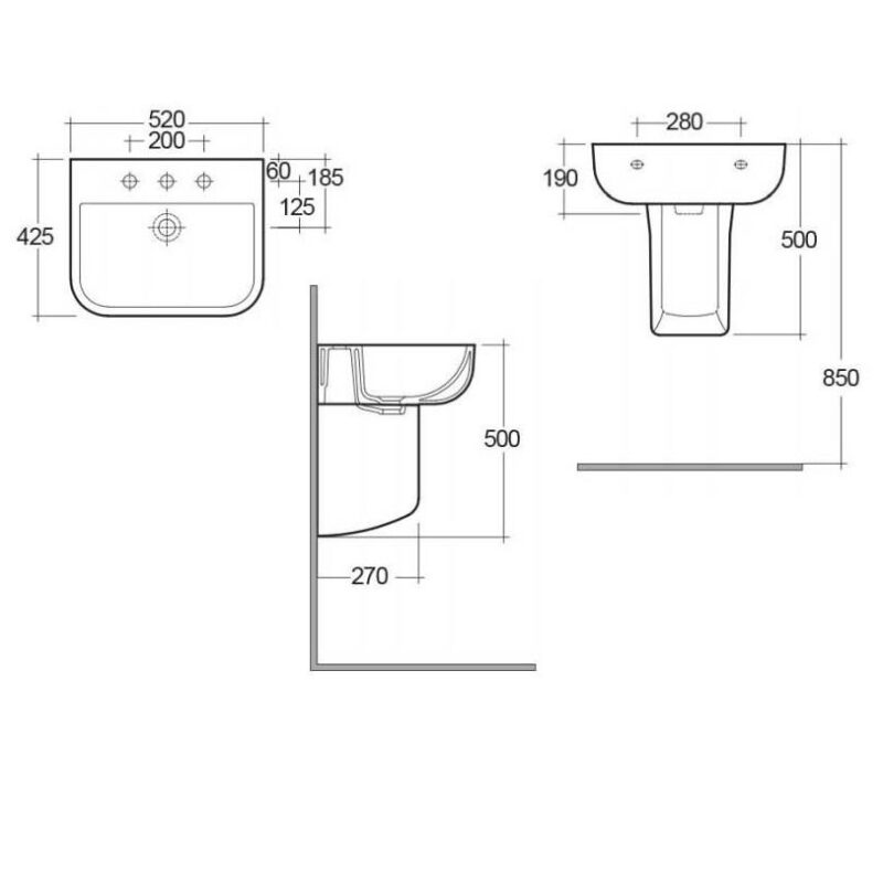 RAK Series 600 520mm 1 Hole Basin & Semi Pedestal