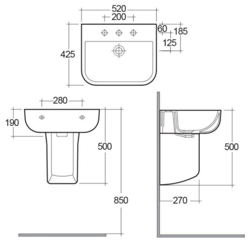 RAK Series 600 520mm 2 Hole Basin & Semi Pedestal