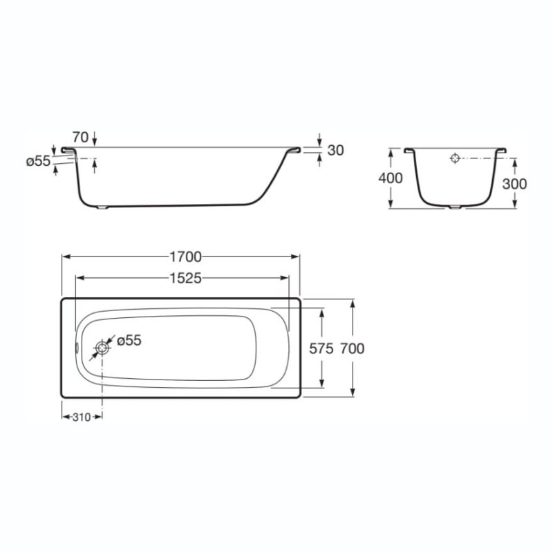 Roca Contesa Steel Bath 1500 x 700mm 2 Tapholes & Legset