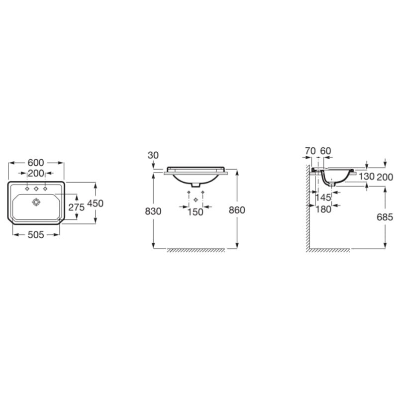 Roca Carmen 600x450mm In Countertop 3 Taphole Basin