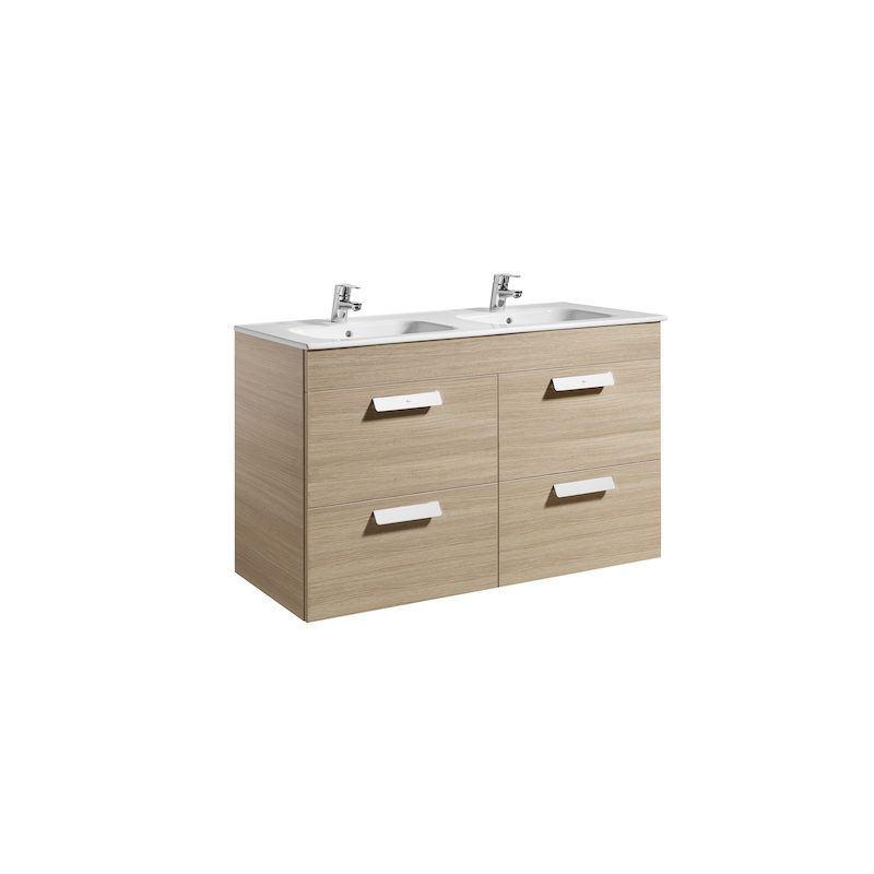 Roca Debba 1200mm Base Unit with 4 Drawers & Square Double Basin Textured Oak