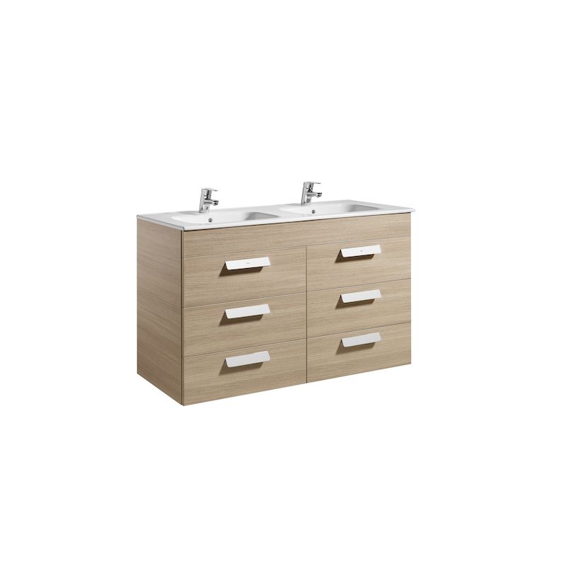 Roca Debba 1200mm Base Unit with 6 Drawers & Square Double Basin Textured Oak