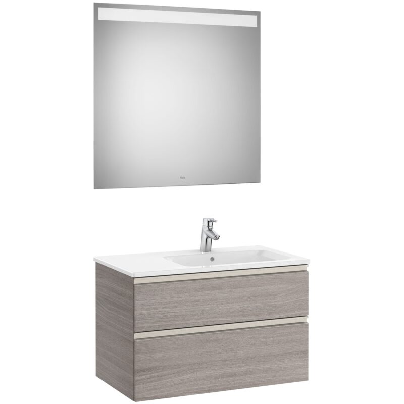 Roca The Gap 800mm 2 Drawer City Oak Base Unit, Right Hand Basin & Mirror