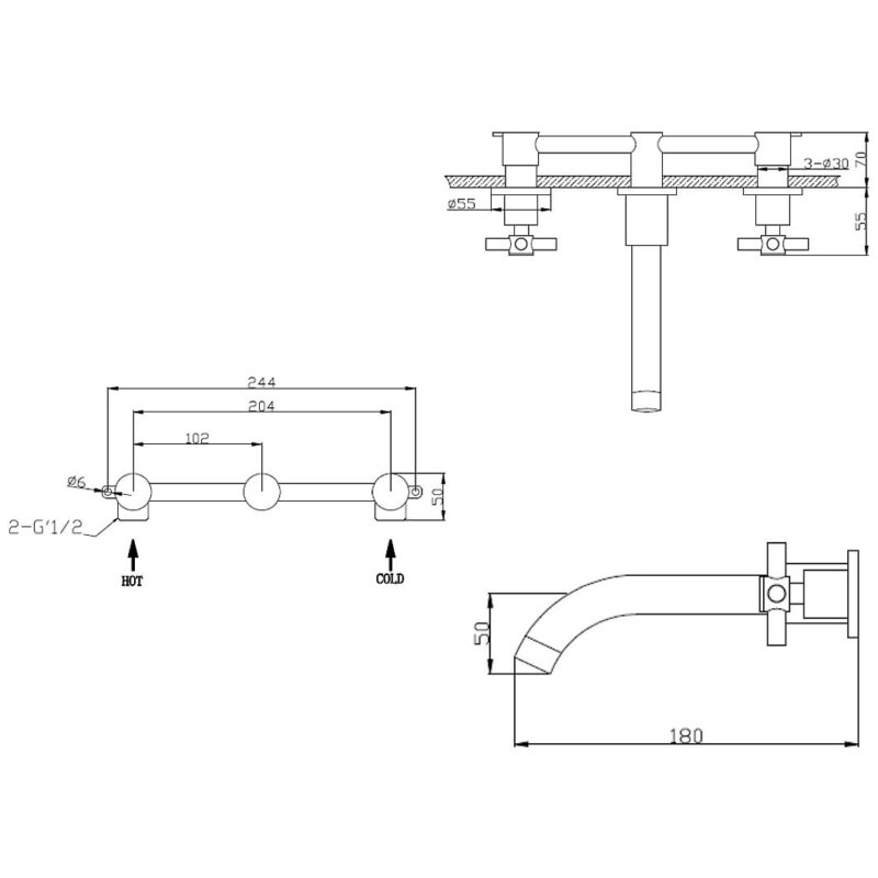 Sagittarius Ergo Wall Mounted 3 Hole Basin Mixer