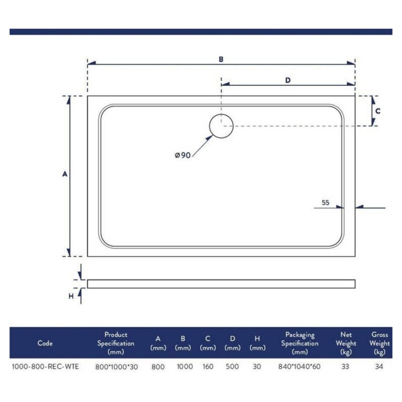 Scudo Shires 1000 x 800mm Rectangular Shower Tray White