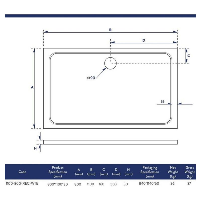 Scudo Shires 1100 x 800mm Rectangular  Shower Tray White
