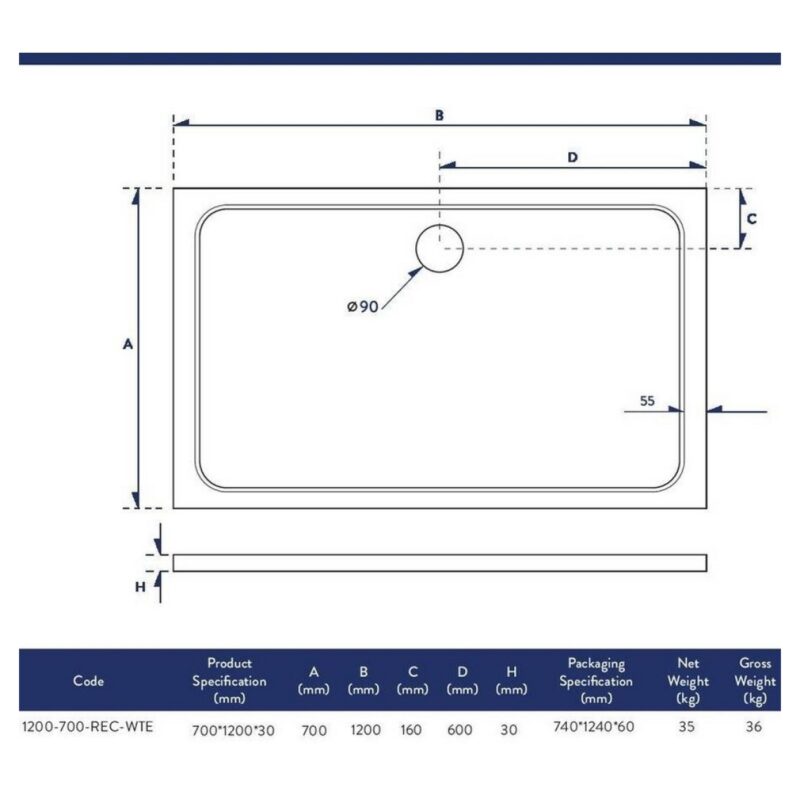 Scudo Shires 1200 x 700mm Rectangular Shower Tray White