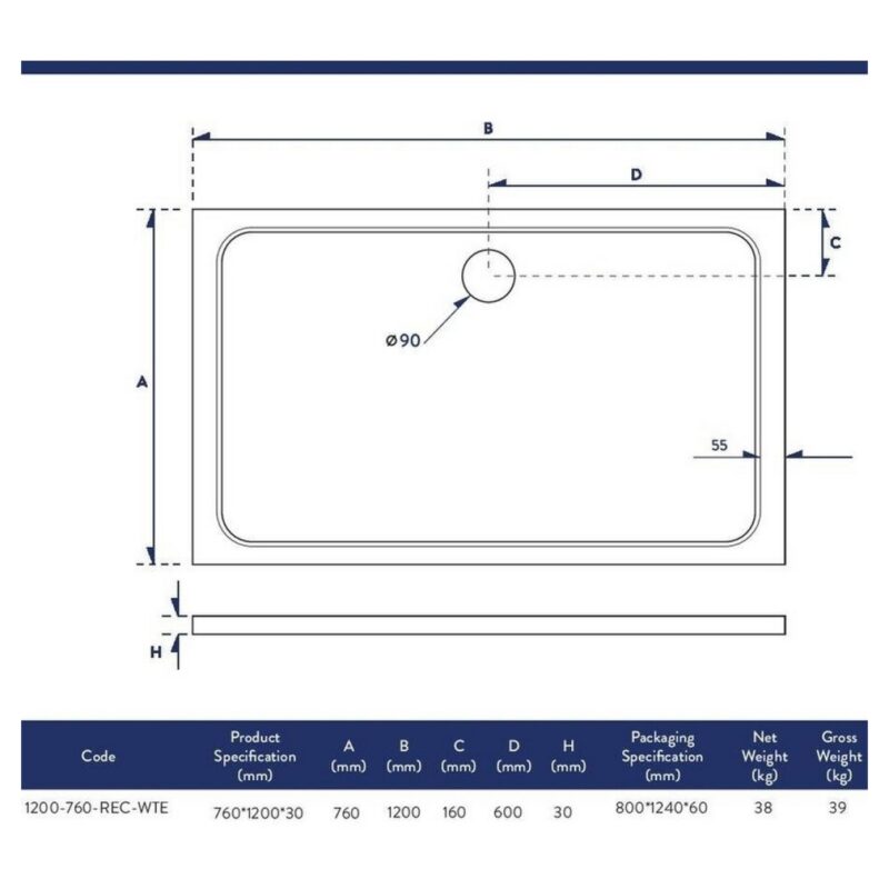 Scudo Shires 1200 x 760mm Rectangular Shower Tray White