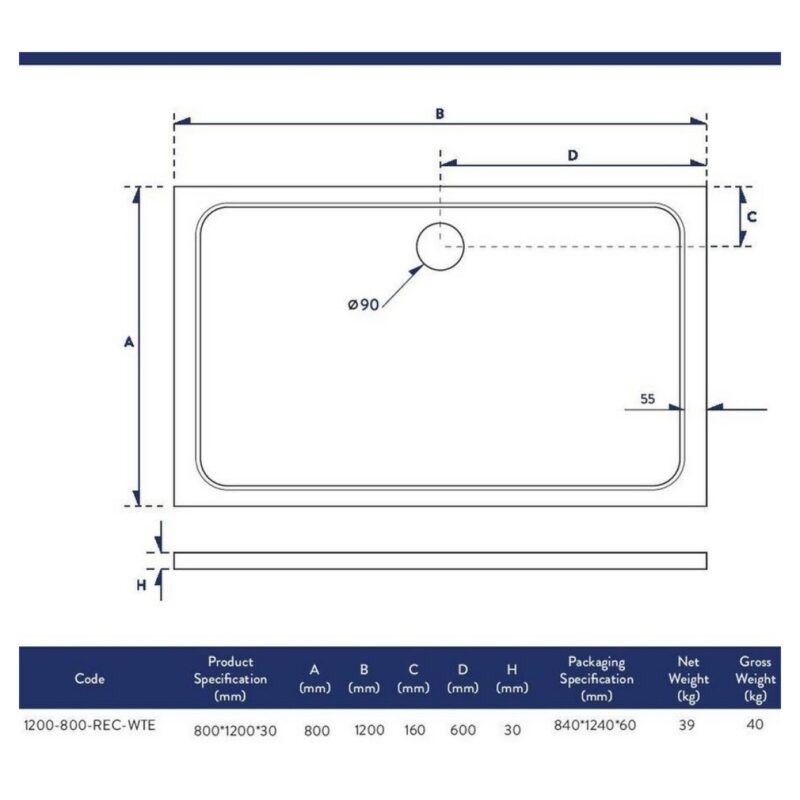 Scudo Shires 1200 x 800mm Rectangular Shower Tray White