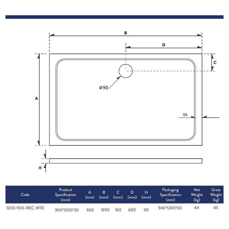 Scudo Shires 1200 x 900mm Rectangular Shower Tray White