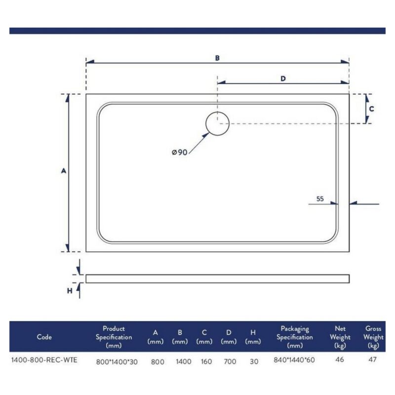 Scudo Shires 1400 x 800mm Rectangular Shower Tray White