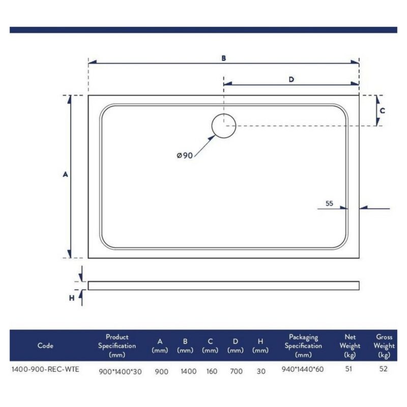 Scudo Shires 1400 x 900mm Rectangular Shower Tray White