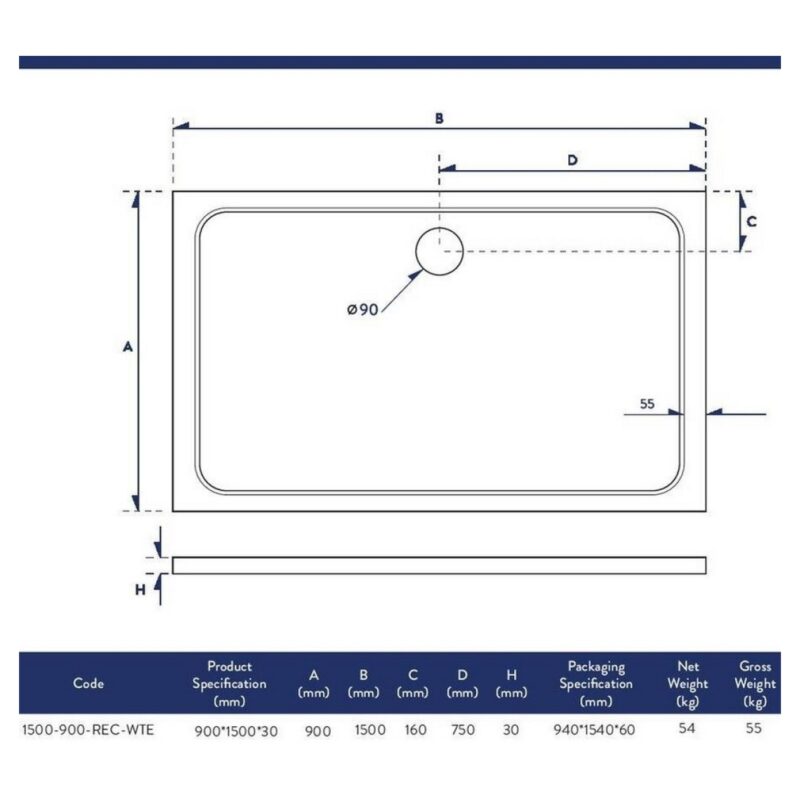 Scudo Shires 1500 x 900mm Rectangular Shower Tray White