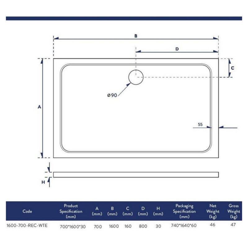 Scudo Shires 1600 x 700mm Rectangular Shower Tray White