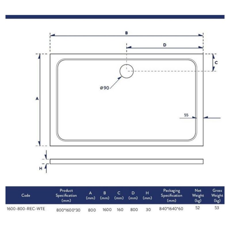 Scudo Shires 1600 x 800mm Rectangular Shower Tray White