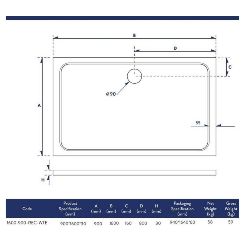 Scudo Shires 1600 x 900mm Rectangular Shower Tray White