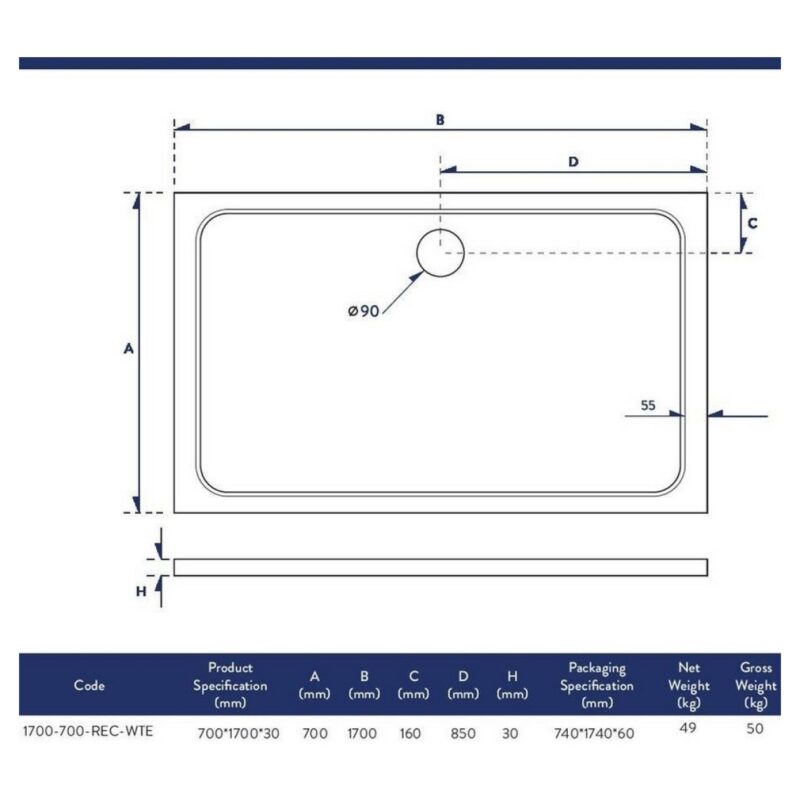 Scudo Shires 1700 x 700mm Rectangular Shower Tray White