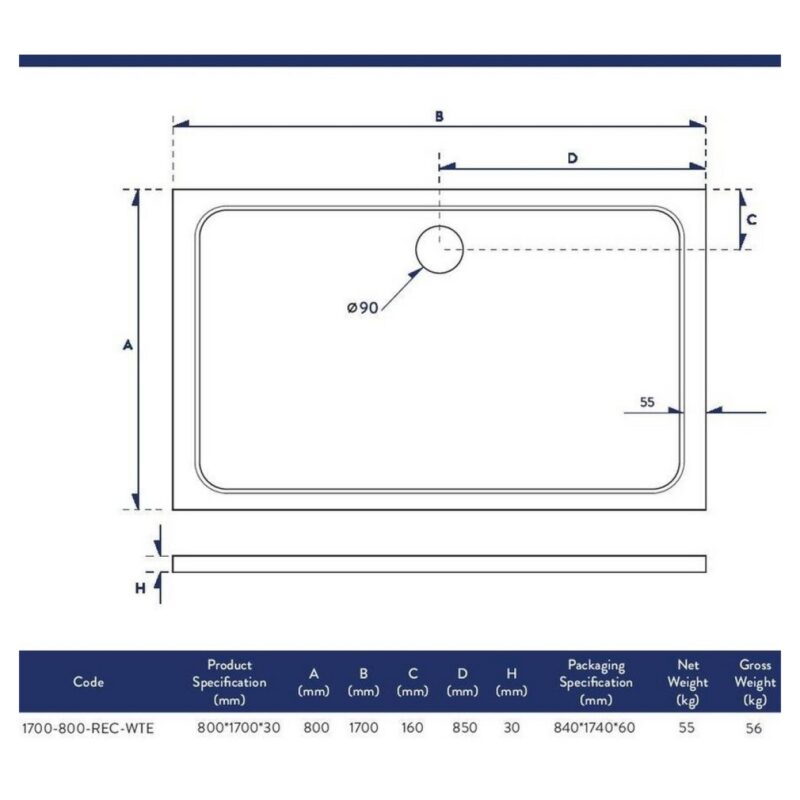 Scudo Shires 1700 x 800mm Rectangular Shower Tray White