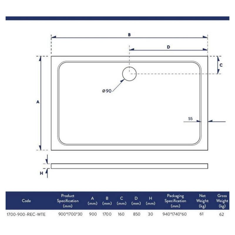 Scudo Shires 1700 x 900mm Rectangular Shower Tray White