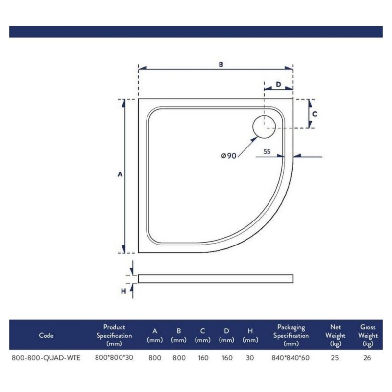 Scudo Shires 800mm Quadrant Shower Tray White